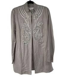 American Glamour Badgley Mischka Light Gray Embellished Linen Cotton Jacket