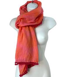 Scarf Wrap Pom Pom Tassels Fuchsia Pink / Coral Cotton Boho