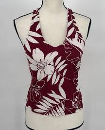 Cherokee Red Floral Hawaiian Halter Tie Tankini Top Swimsuit Built in Bra Size 8