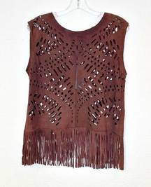 MLV Gwen Brown Leather Suede Fringe Sleeveless Top New With Tags XSmall