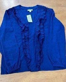 Charter Club Womens Ruffled Eyelet Knit Top Intrepid Blue Size Medium NWT P1-224