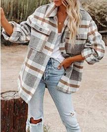 Vici Fore Shacket Womens Small Gray Brown Plaid Collared Oversized Flannel