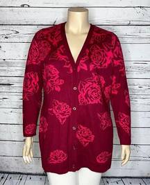 Isaac Mizrahi Live! 1X Purple Pink Floral Rose Button Boyfriend Sweater Cardigan