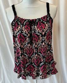 Linea Donatella Sleeveless Ruffle Bottom Pink and Black Top - Small