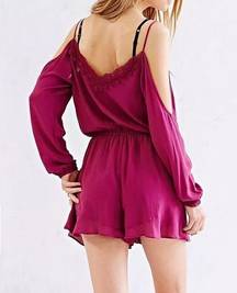 Ecote Crochet Lace Cold Shoulder Romper Magenta