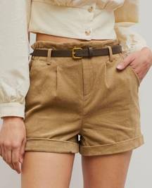 Tan Corduroy Belted Shorts