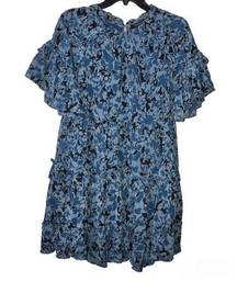 Olivaceous  Floral Ruffle Tiered Pocket Babydoll Dress Blue Medium