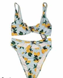 Nasty Gal  lemon gingham deep v neck swim bikini set size 4 nwt