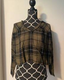 NWOT Hiatus Green and Black Square Striped Crop Long Sleeve Hoodie size medium