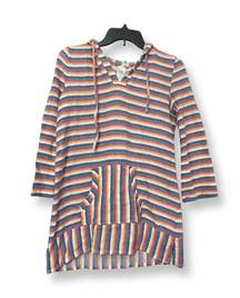 Womens Tunic Top Orange Blue Stripe Long Sleeve Cotton Blend Hooded 12