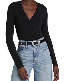 Madewell  Black Wrap Thong Long Sleeve Surplice V-Neck Bodysuit Size XL NWT