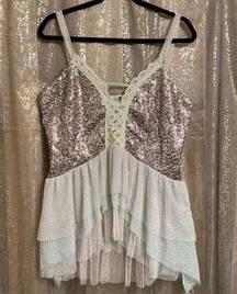 BKE Gimmicks Rose Sequin Ruffle Glam Western Tank Top Blouse Large