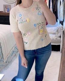 Vintage floral embroidered tan knit sweater size small