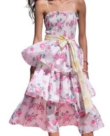 Love Shack Fancy ELISE TIERED SMOCKED SPAGHETTI STRAP PINK WHITE FLORAL DRESS L