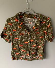 Vanillastar Fox Print Button Up Cropped Top