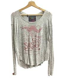 Superdry  MEDIUM Gray Osakaya Pink Glitter Graphic Tee Shirt T-Shirt Long Sleeve