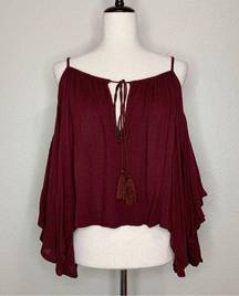 Sans Souci Boho Burgundy Cold Shoulder Tassels Bell Sleeves Top