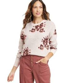 Knox Rose Womens Boho Floral Pullover Knit Crewneck Sweater Size L Cream Mauve