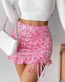 Pink Floral Print Ruched Skirt