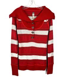 Free People Red & Gray Striped Knit Henley Long Sleeve Thermal Top XS Holiday