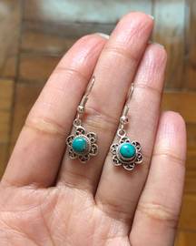 Sterling Silver Turquoise &  Flower Dangle Earrings