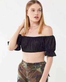 Urban Outfitters  EMMA EYELET BLACK RUFFLE CROP TOP