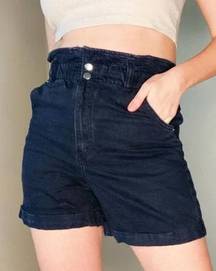 H&M  Black Denim High Rise Elastic Paper Bag Waist Jean Shorts