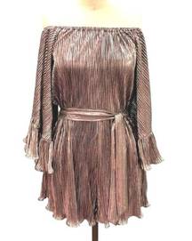 San Joy Silver Metallic Off the Shoulder Pleated Romper Size Small NWT