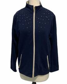 Allison Daley Embellished Zip Up Jacket With Slip Pocket Navy Blue Cream Medium