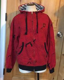 Orisue 2-Pocket Zip Up Red Black Hooded Sweatshirt $78 EUC Women’s XL; Men’s M