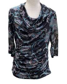 Dana Buchman Drape Front Paisley‎ Print Top Womens S Black 3/4 Cowl Neck Ruched