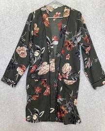 Sky and Sparrow Olive Green Floral Robe Open Front Cardigan Long Sleeve Small