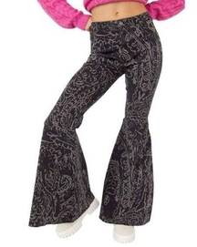 Free People New!  Just Float On Printed Super Flared Jeans Black Paisley Size 31