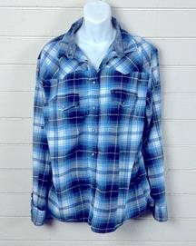 Jach's Girlfriend "Bea" Pearl Snap Blue Plaid Shirt XXL