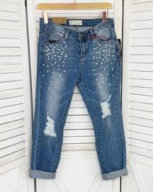 Angel Kiss Pearl Detail Destructed Rolled Cuff Skinny Jeans Blue Juniors 5