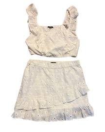 White Eyelet Cotton 2 Piece Skirt Set Crop Top Women’s Large