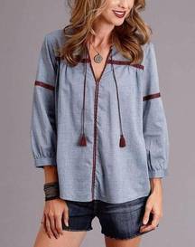 Stetson Women's Blue Chambray Tassel-Front Three-Quarter Sleeve Peasant Blouse L