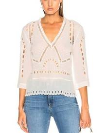 IRO Polita V-Neck 3/4 Sleeve Cutout Laser Cut Blouse in Near White 2