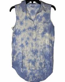 BeachLunchLounge Tank Top Womens Small Blue White Tie Dye Collar Button Viscose