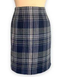 Vintage Savannah Skirt Navy Gray Plaid Wool Blend Knee Length Winter Preppy