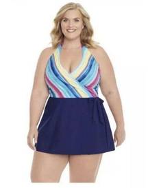 NWT Coastal Cove Women's Ocean Breeze Faux Wrap Plus Size Swim Dress Size 16