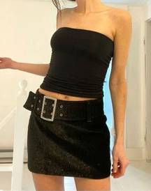 Vintage Y2K Metallic Corduroy Belted Mini Skirt Black Size 3/4