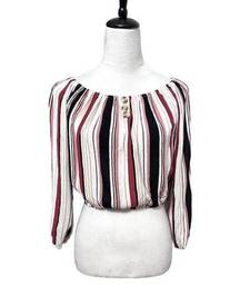 La Gypsy Womens Crop Top Multicolor Stripe Puff Long Sleeve Off Shoulder S