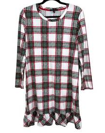 Notch Plaid Pajama Nightgown Long Sleeve Red Green White Small