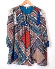 NEW NWT GIBSON LATIMER Blue Red Scarf Print Boho Peasant 3/4 Sleeve Blouse Small