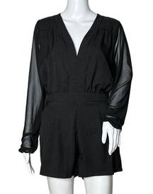 Poof Romper Black Long Sleeve Sheer Sleeves V-Neck Banded Waist Pleats