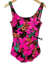 Vintage 80s/90s Mainstream Cheetah Floral Pink One Piece Swimsuit