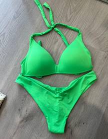 lime green padded triangle bikini top and cheeky bikini bottom