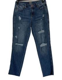 True Craft Juniors SZ 7 Girlfriend Jeans Distressed Mid-Rise Whiskered Raw Hems