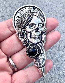 Onyx Natural Black  Skull Skeleton Silver Stamped 3” Necklace Pendant